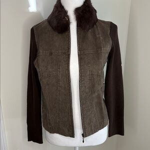 Escapade Brown Suede Bomber Style Zip Up Jacket with Faux Fur Collar. Med Petite